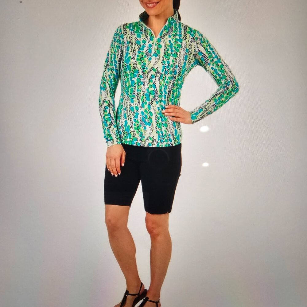 NWT IBKUL  Print Long Sleeve Mock Neck Top in Lime & Navy Multi size XS